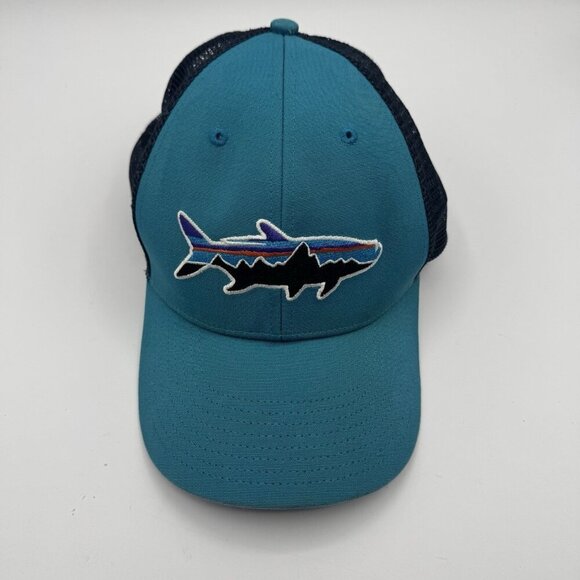 Mens Patagonia Fitz Roy Trout Trucker Hat Mesh Teal Navy Snapback Cap Fishing - Picture 1 of 7